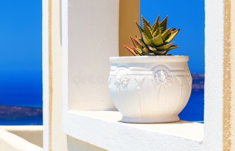 Arquitetura grega de cyclades da ilha com o cacto na varanda com os arcos sobre a opinião do santorini do mar Mediterrâneo do cal imagens de stock royalty free Arquitetura grega de cyclades da ilha com o cacto na varanda com os arcos sobre a opinião do santorini do mar Mediterrâneo do cal imagens de stock royalty free