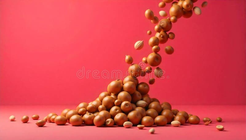 Arrangement of falling macadamia nuts on vibrant pink surface stock illustration
