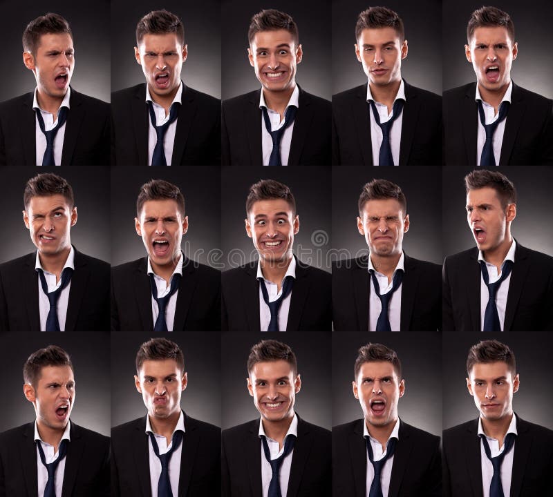 Young business man in an arrangement of many funny faces on dark background