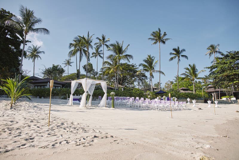 Arranjo do local de encontro do casamento de praia no beira-mar, arco, altar com fundo mínimo da decoração, da palmeira e do coco fotografia de stock Arranjo do local de encontro do casamento de praia no beira-mar, arco, altar com fundo mínimo da decoração, da palmeira e do coco fotografia de stock
