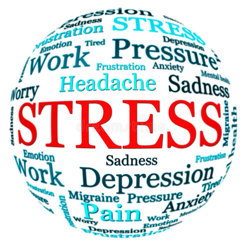 Stress related text arrangement (word cloud) with spherical form and the word STRESS in red uppercase isolated on white. Stress related text arrangement (word cloud) with spherical form and the word STRESS in red uppercase isolated on white