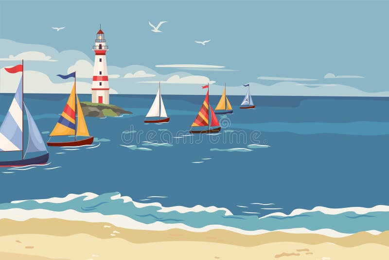 Arrasto à vela com vários iates e faróis. Faixa horizontal com vista do oceano. Raça de embarcações à vela ou desfile ilustração stock