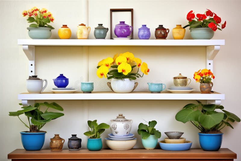 Array of Colorful African Violets on Shelves Stock Image Image of