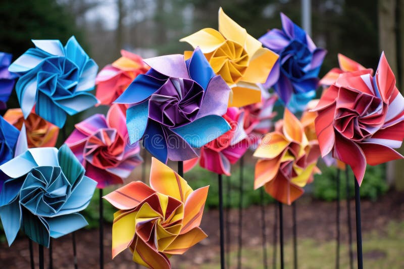 An array of colorful pinwheels twisting in the wind stock photo