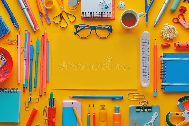 An array of colorful stationery is scattered on a bright yellow background in a back-to-school concept. The image is a stock image