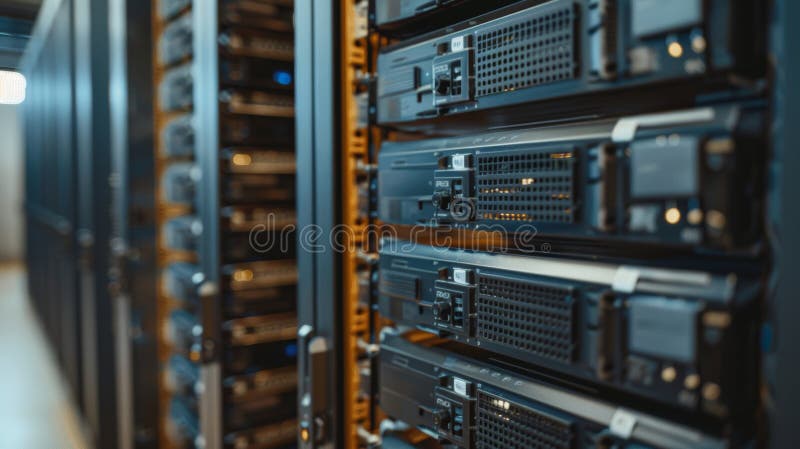 Array of data storage drives in secure server facility for efficient data management stock photography