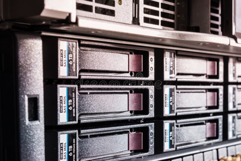 Array of data storage hard drives in internet data center stock photos