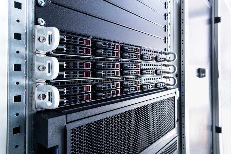 Array of data storage hard drives in internet data center royalty free stock photo