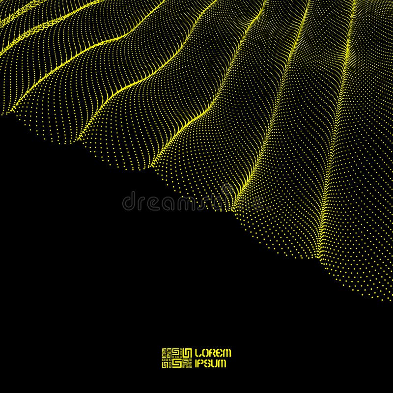 Array with Dynamic Particles. Flowing particle waves. Wavy Grid Background. 3d Abstract Vector Illustration.