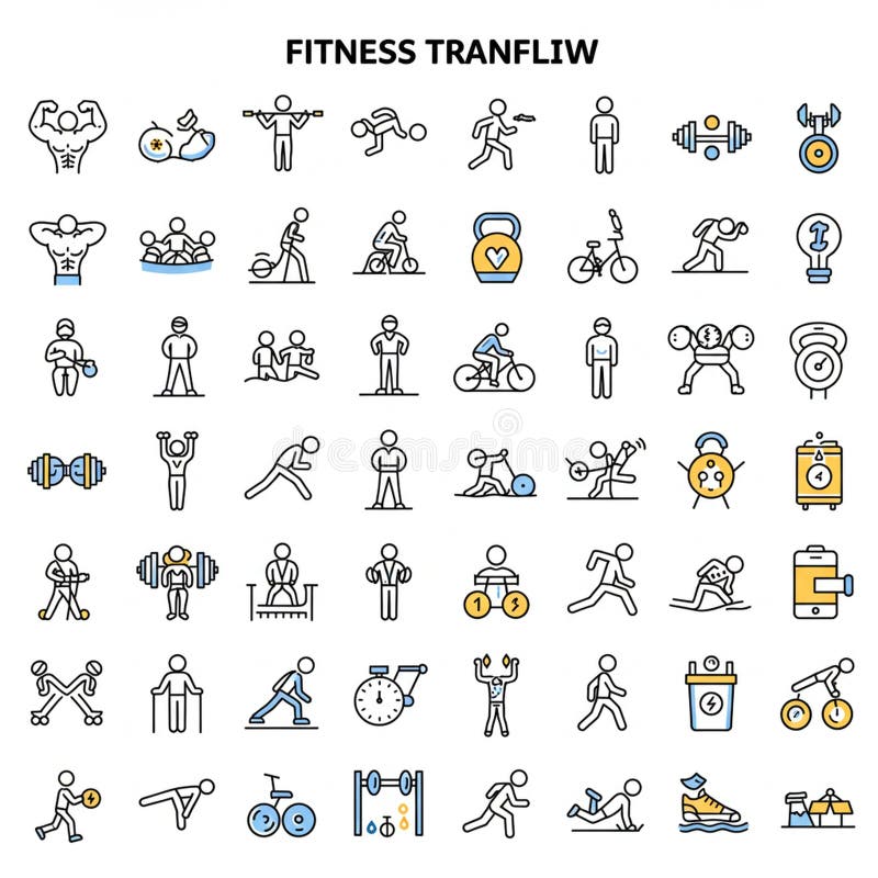 Array of fitness-themed icons illustrating various exercises and activities. Stick figures vector illustration