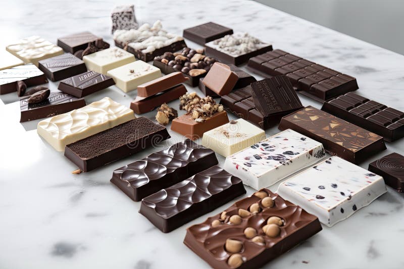 Array of Gourmet Chocolate Bars on Marble Countertop Stock Photo