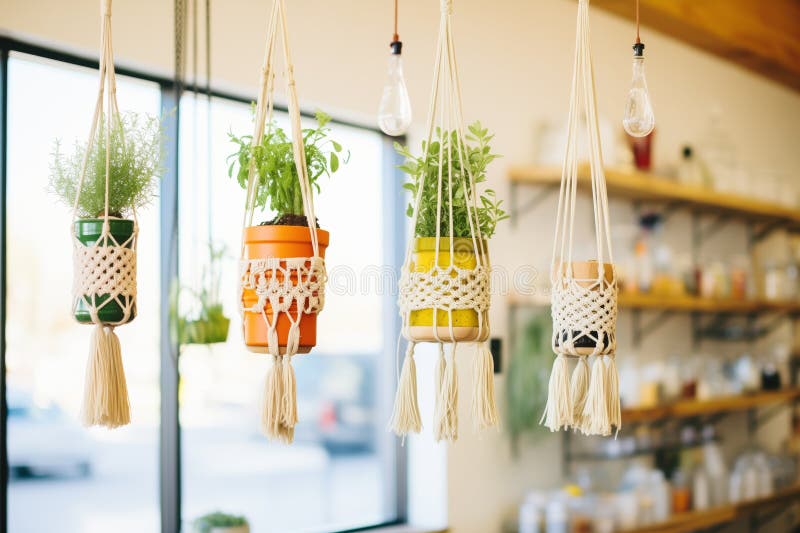 Rețea de plante aromatice agățate de suporți macrame stock photos
