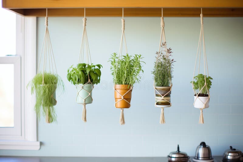 Rețea de plante aromatice agățate de suporți macrame royalty free stock photo