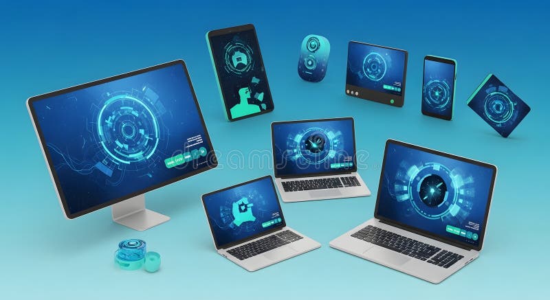 Modern Technology Devices Displaying Abstract Digital Interface Designs royalty free stock image