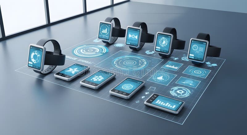 Futuristic Smartwatches and Smartphones Displaying Advanced UI Concepts stock image