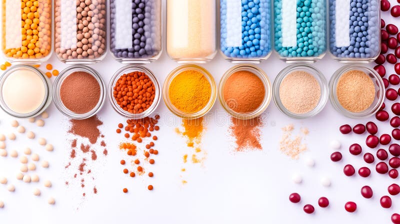 An array of spices and grains fills clear jars on a white surface. Various hues and textures draw the eye, highlighting royalty free stock photos