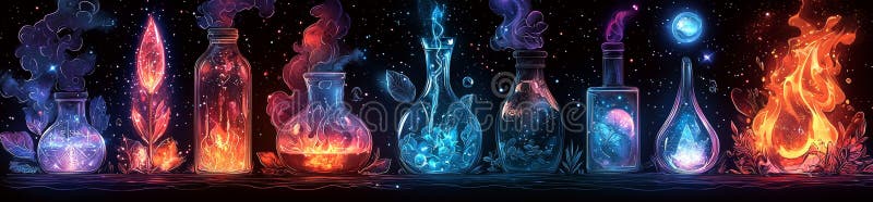 An array of VFX neon light effects displayed against a black backdrop. A modern cartoon image of colorful neon vector illustration