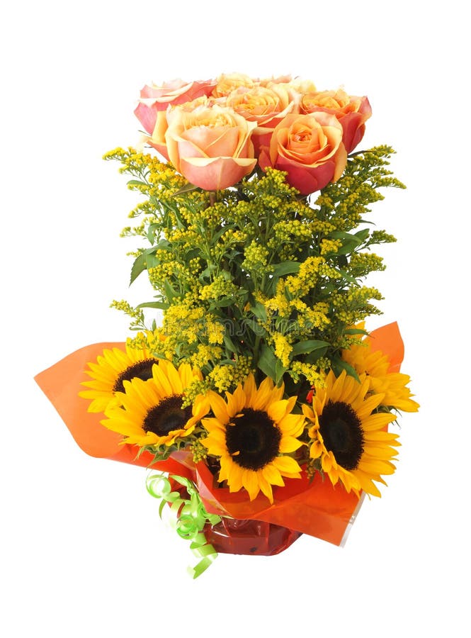 Arreglo Floral Con Las Rosas Y Los Girasoles Imagen de archivo - Imagen de  regalo, belleza: 77665003