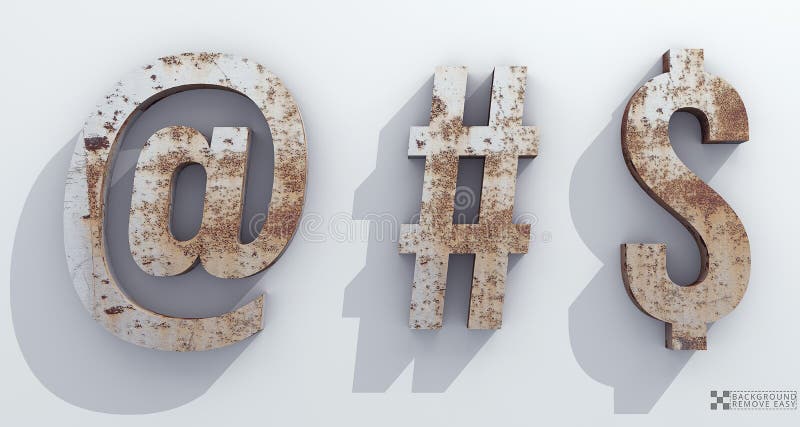 Arroba, arroba, vecchio metallo, hashtag dolar, segno di alfabeto 3d.