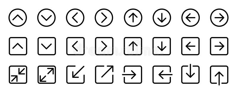 Arrow in circle navigation pointer icon set. Cursor arrow up down left right. Next and previous arrow symbol stock illustration