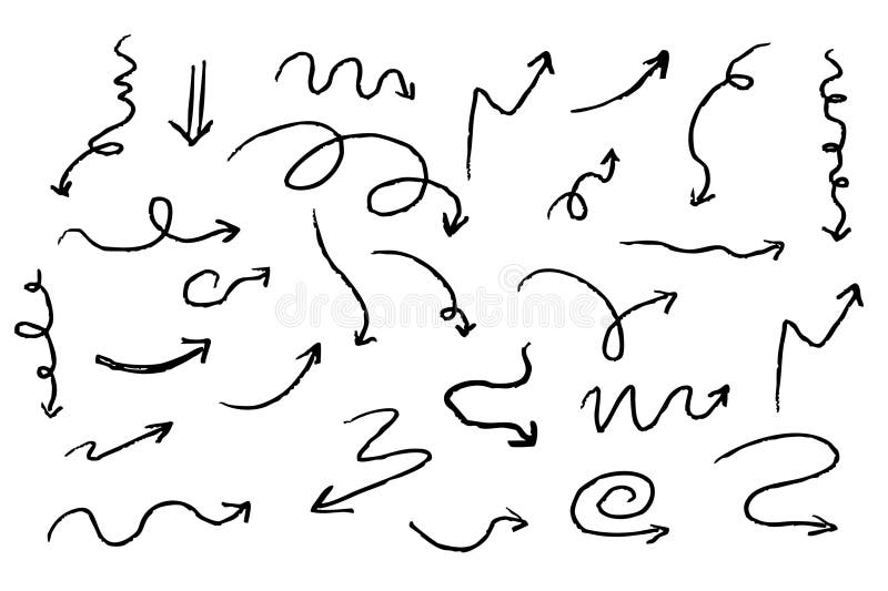 Arrow crayon chalk hand drawn doodle grunge line set. Cursor scribble wavy swirl, comic simple element. Spiral textured stock illustration