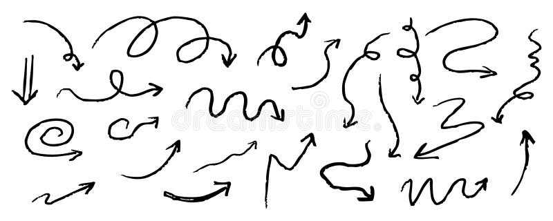 Arrow crayon chalk hand drawn doodle grunge line set. Cursor scribble wavy swirl, comic simple element. Spiral textured vector illustration
