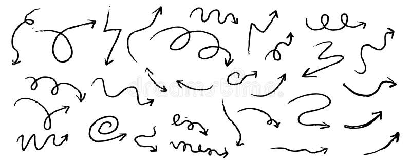 Arrow crayon chalk hand drawn doodle grunge line set. Cursor scribble wavy swirl, comic simple element. Spiral textured vector illustration