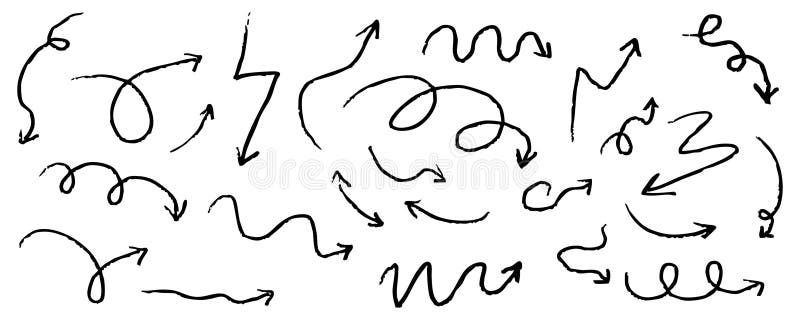 Arrow crayon chalk hand drawn doodle grunge line set. Cursor scribble wavy swirl, comic simple element. Spiral textured vector illustration