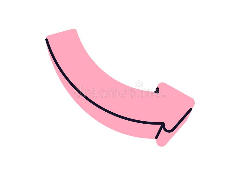 Arrow, down right and forward direction. Curved element for rotation, movement below. Showing descent action. Navigation pointer vector illustration