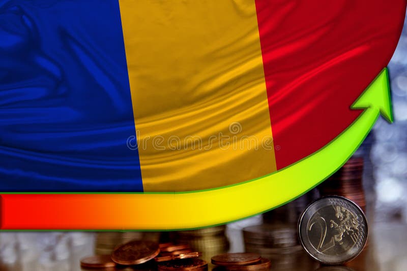 Arrow of growing positions of the euro currency and the flag of the country of Romania, the concept of financial growth, the