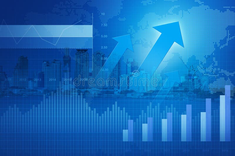 Arrow head with Financial chart and graphs on city; success concept