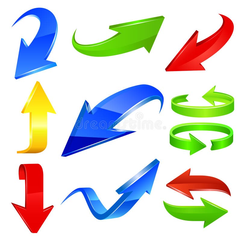 Illustration of multiple colorful isolated arrows pointing in different directions. Up down arrows isolated vectors