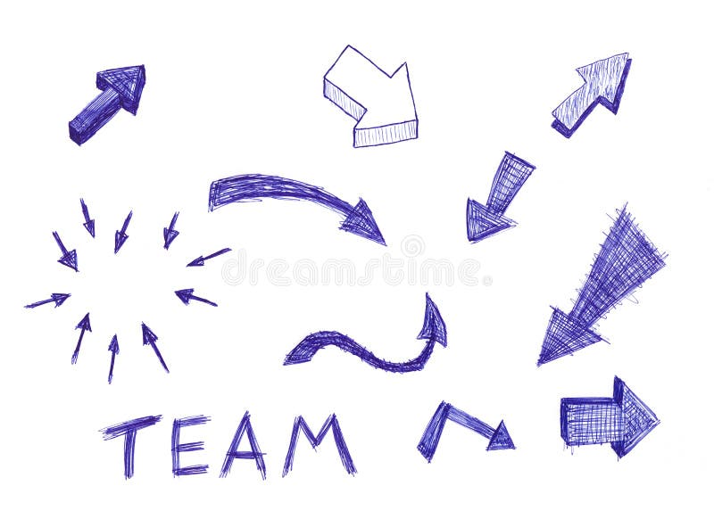 A set of illustrated arrows and the word team. Up down arrows isolated illustrations