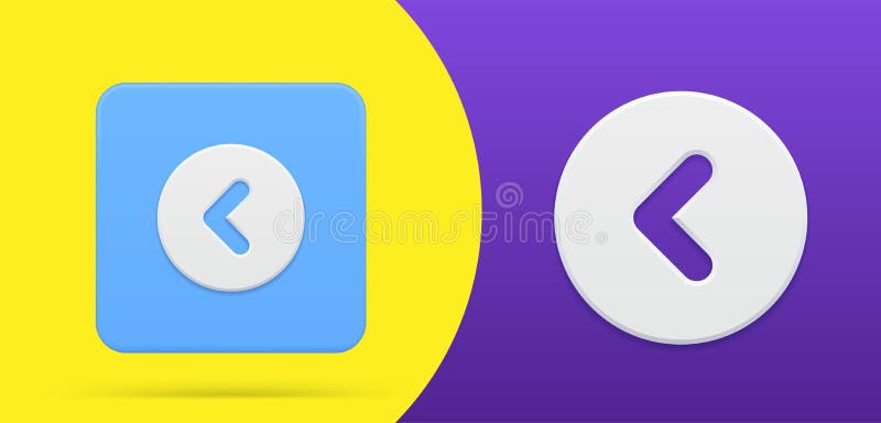 Arrow left simple 3d icon circle squared button vector illustration. Back direction pointer web design element emblem. Backward interface navigation directional cyberspace past point