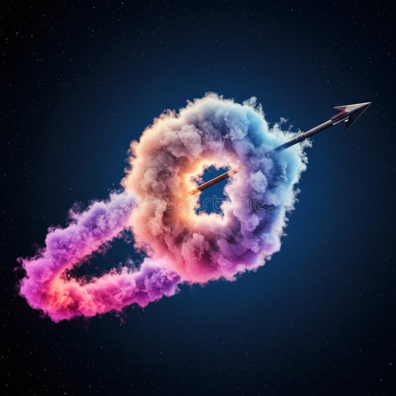 An arrow pierces through a vibrant, swirling ring of colored smoke, displaying hues of vector illustration