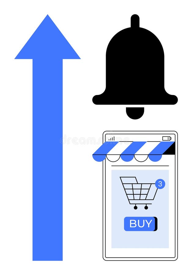 Online Shopping and Notification Service with Cart Alert and Growth Arrow royalty free illustration