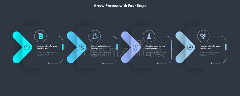 Arrow infographic process template with four steps - dark version vector illustration