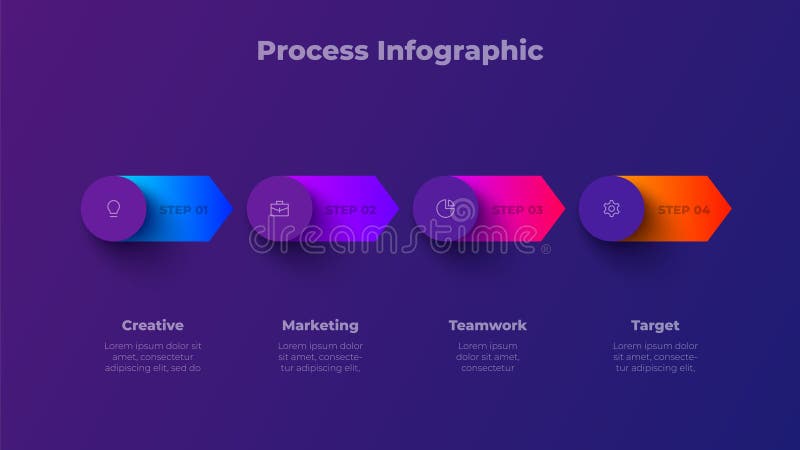 Arrow Process Infographic Vector with 4 Steps. Gradient Business Timeline Diagram for Creative, Marketing, Teamwork and Target royalty free illustration