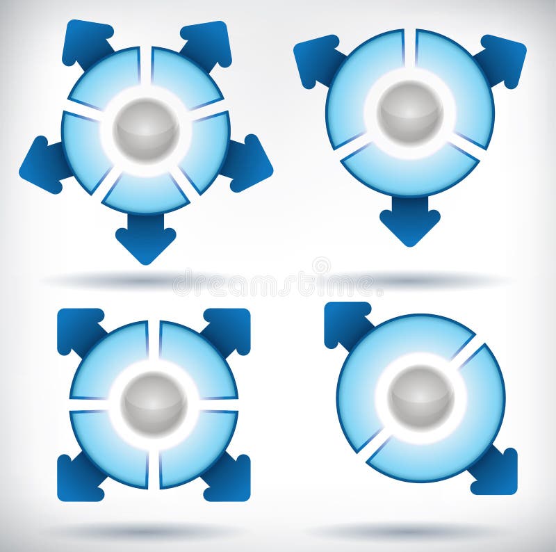 A set of presentation diagrams of circles divided into two, three, four and five segments, each segment having an arrow pointing away from the circle. A set of presentation diagrams of circles divided into two, three, four and five segments, each segment having an arrow pointing away from the circle.