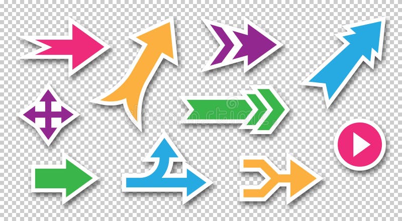 Arrow stickers. Pointer icons. Round button. Rotate or swirl label. Straight or curve way symbols. Smooth marker shape. Straight or curve paper way pointing symbols. Smooth marker shape with shadow. Navigation banner. Vector direction color signs set.