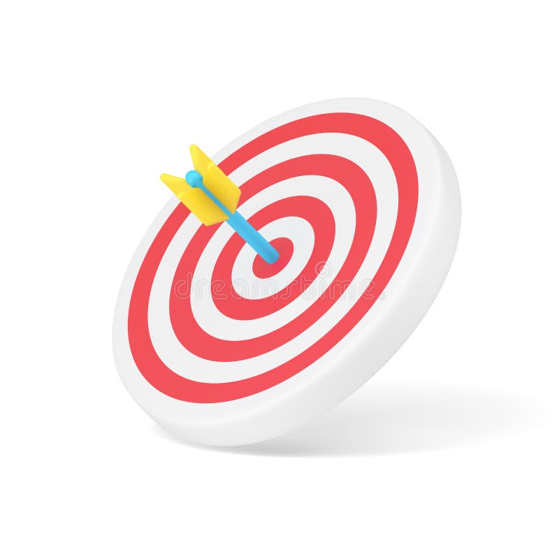 Arrow target 3d icon. Circular disc with red stripes and blue dart in center vector illustration