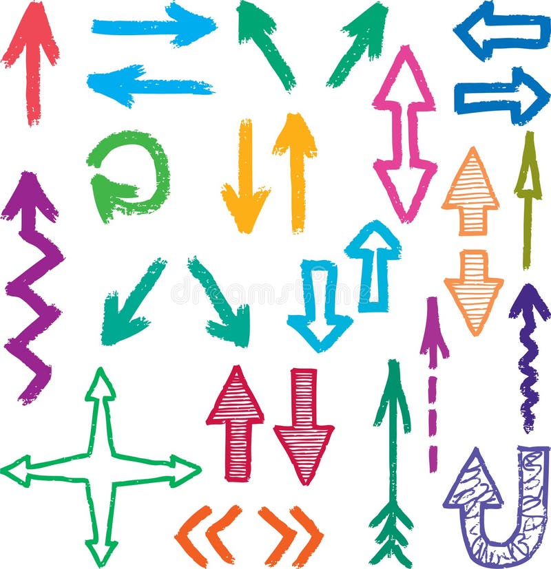 Vector drawing of a different hand drawn arrows. Up down arrows isolated vectors