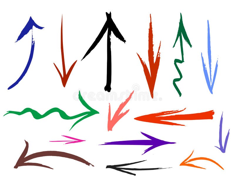 Collection of hand drawn doodle style arrows in various directions and styles. Up down arrows isolated vectors