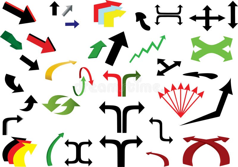 A set of colored arrows red green black and yellow. White background. Up down arrows isolated vectors