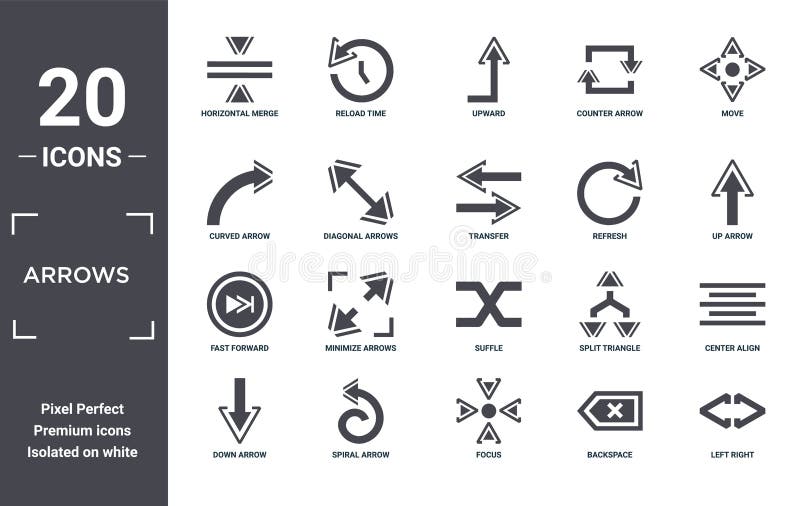 Arrows icon set. include creative elements as horizontal merge, move, refresh, suffle, spiral arrow, fast forward filled icons can royalty free illustration