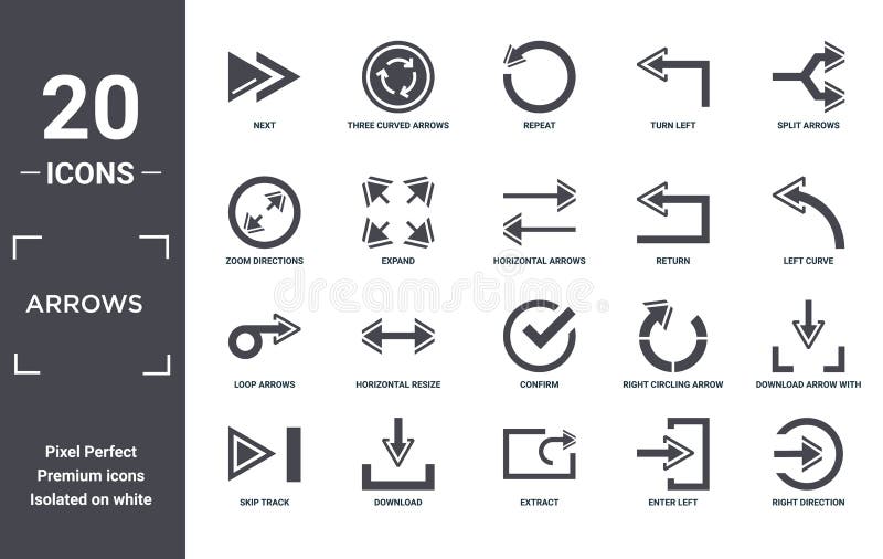 Arrows icon set. include creative elements as next, split arrows, return, confirm, download, loop arrows filled icons can be used royalty free illustration
