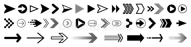 Arrows icons set, modern simple flat black vector pointer signs. Arrow icon set for forward click buttons, web design arrow stock illustration