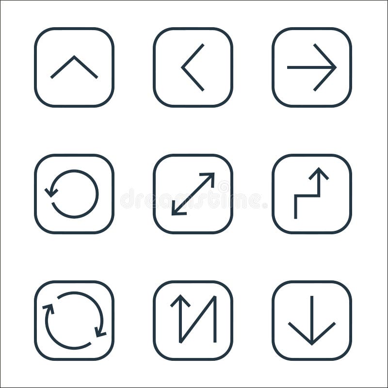 Arrows line icons. linear set. quality vector line set such as down, zigzag arrow, synchronize, up arrow, expand, rotate, right royalty free illustration