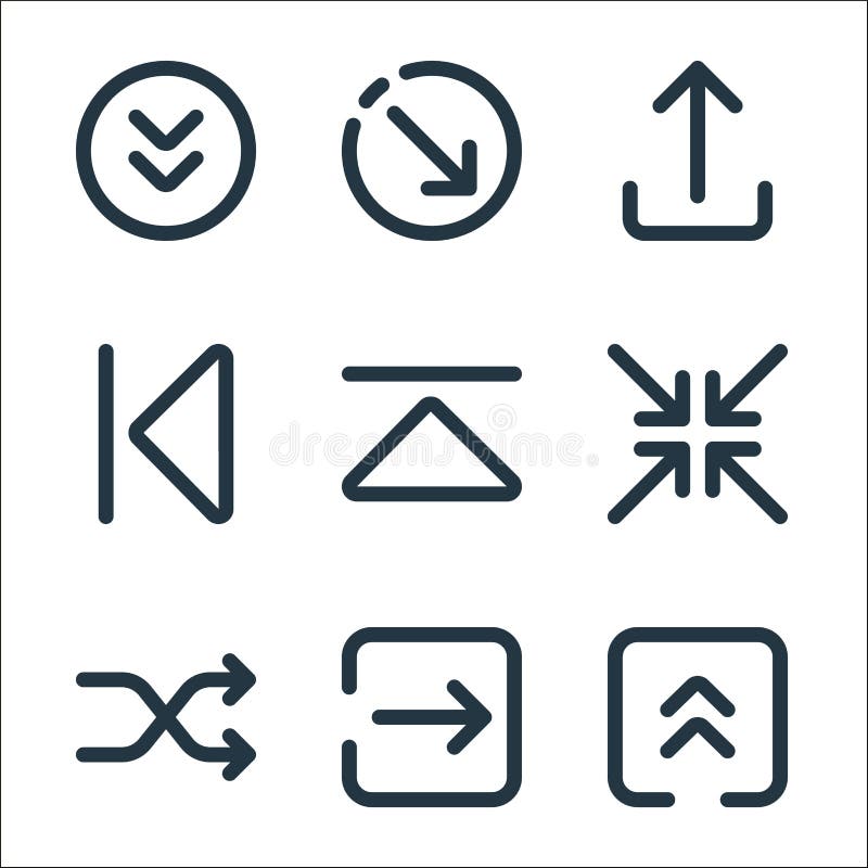 Arrows line icons. linear set. quality vector line set such as up arrow, right arrow, shuffle, minimize, up arrow, back, up stock illustration