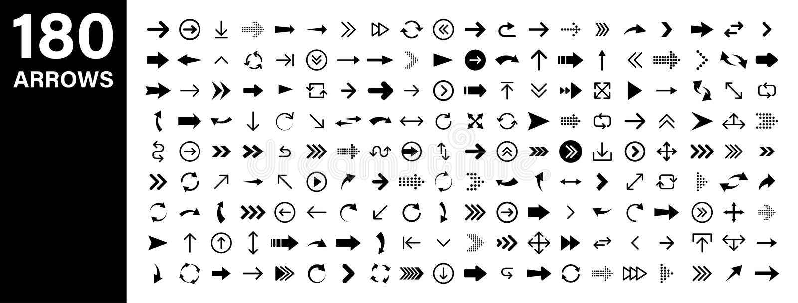Arrows set van 180 zwarte pictogrammen Pijlpictogram De vectorinzameling van de pijl Pijl Cursor Moderne eenvoudige pijlen Vector Arrows set van 180 zwarte pictogrammen Pijlpictogram De vectorinzameling van de pijl Pijl Cursor Moderne eenvoudige pijlen Vector